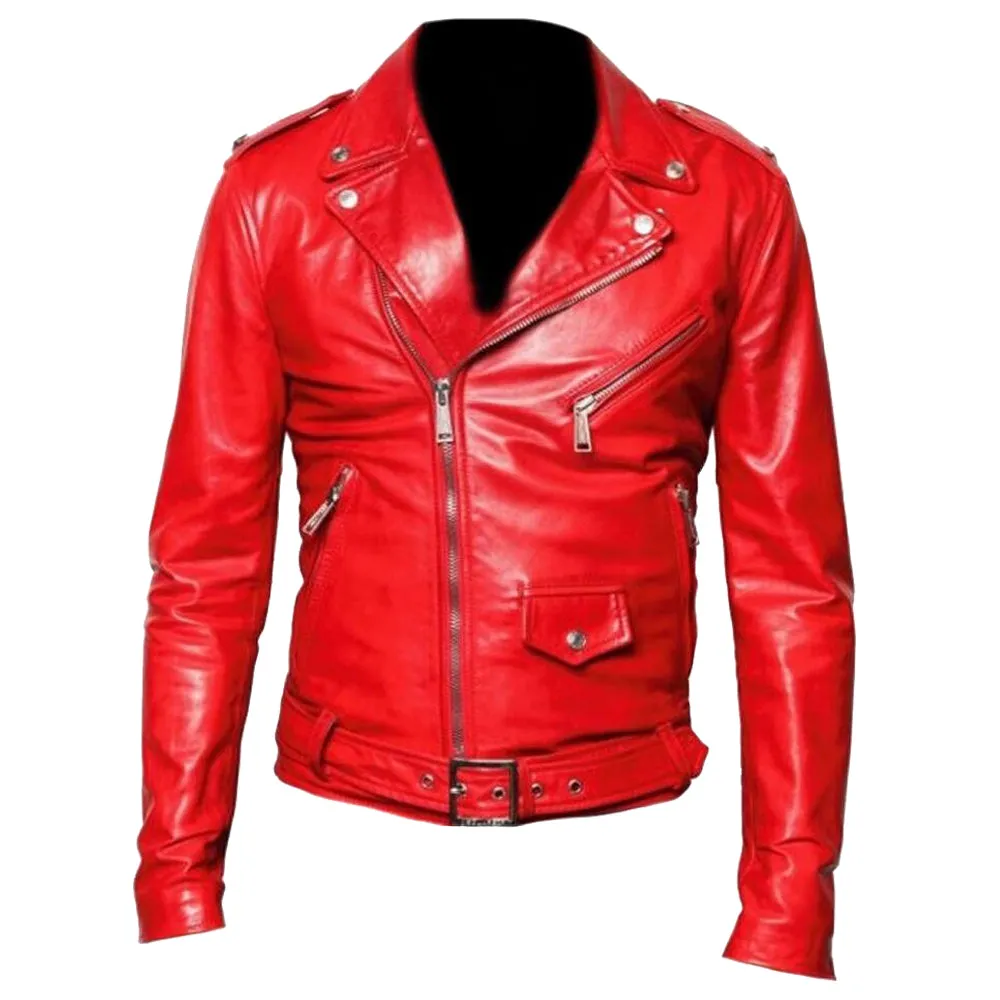 Men Red Classic Motorbike Leather Jacket