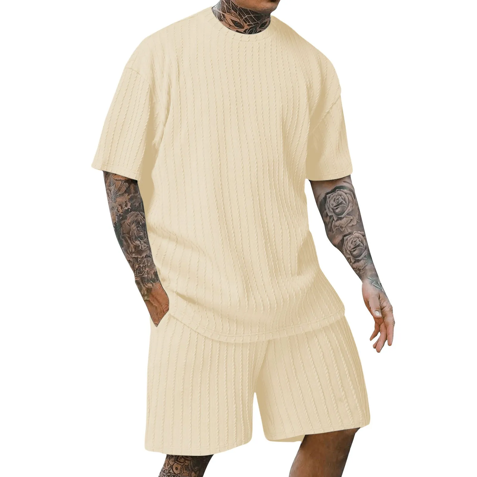 Men's Sports Round Neck Pullover Vertical Pattern Two-piece Set