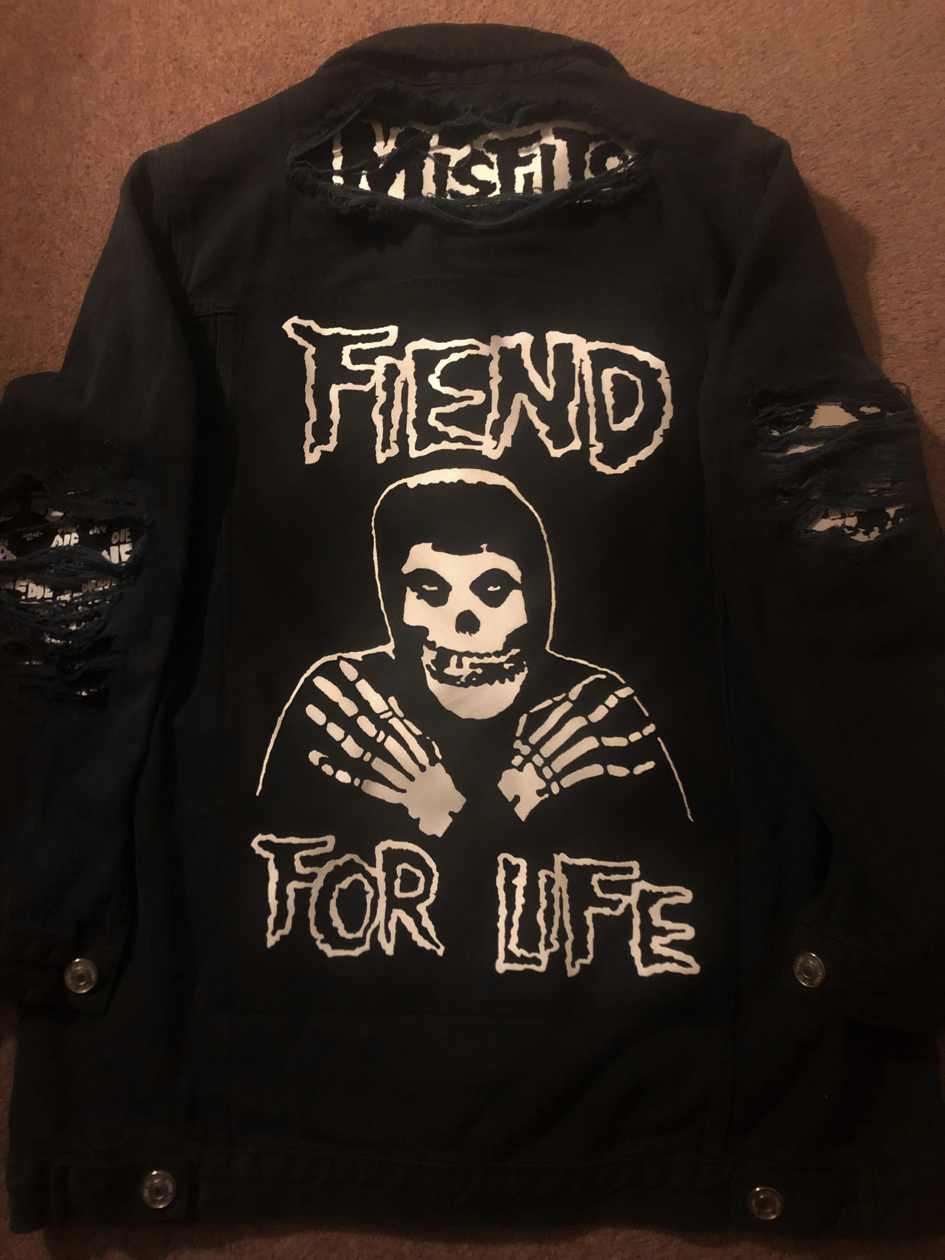 Misfits Fiend Club Distressed Slashed Denim Jacket Crimson Ghost Horror Punk