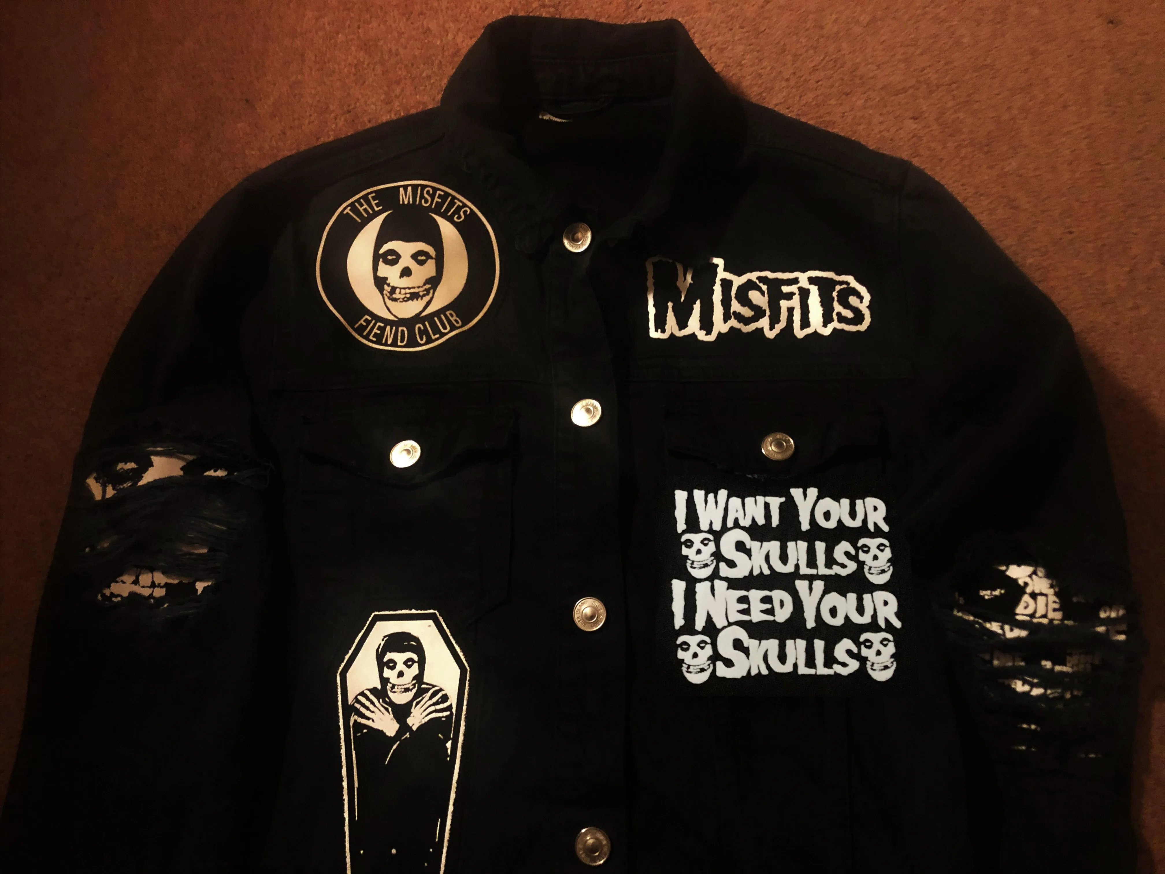 Misfits Fiend Club Distressed Slashed Denim Jacket Crimson Ghost Horror Punk