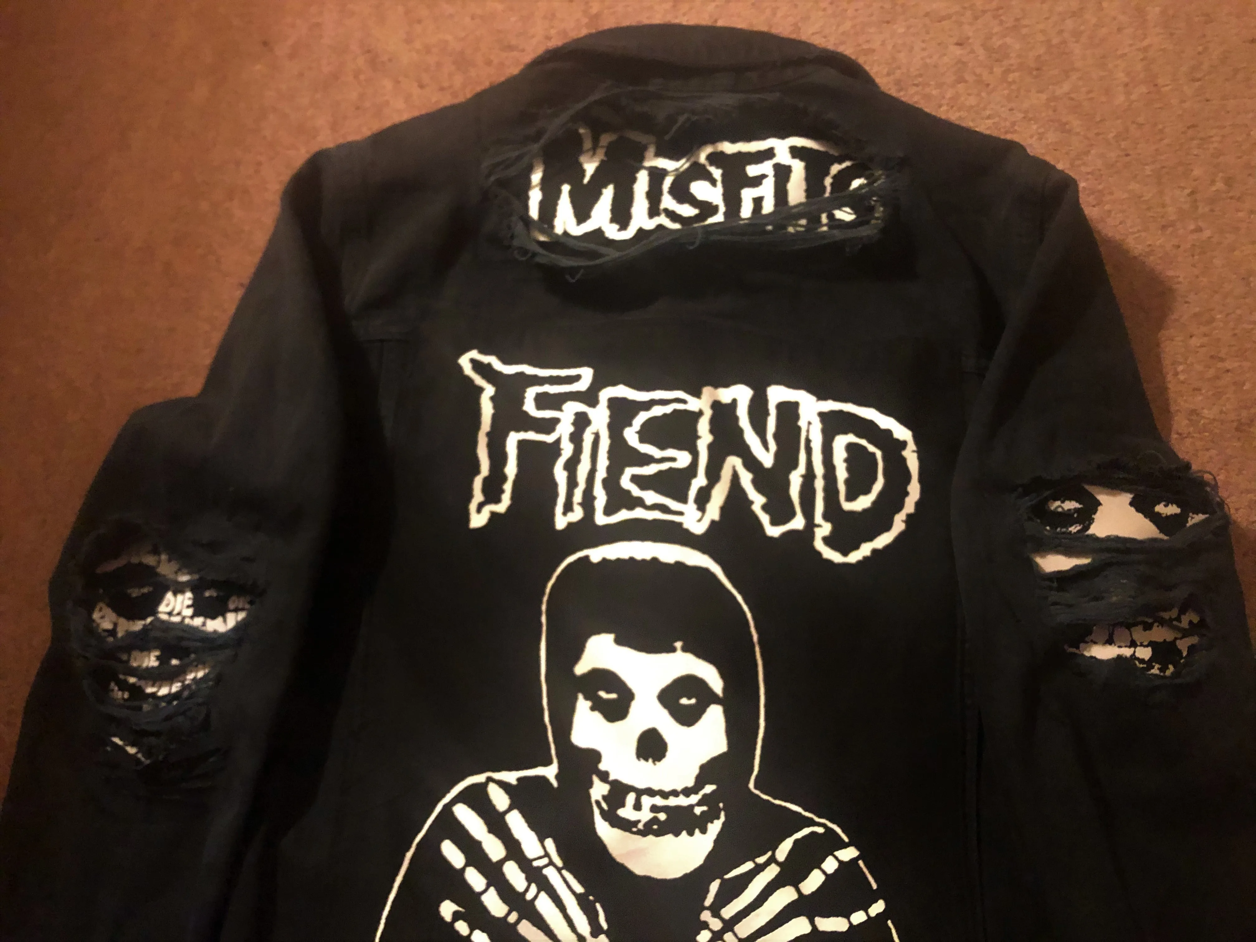 Misfits Fiend Club Distressed Slashed Denim Jacket Crimson Ghost Horror Punk