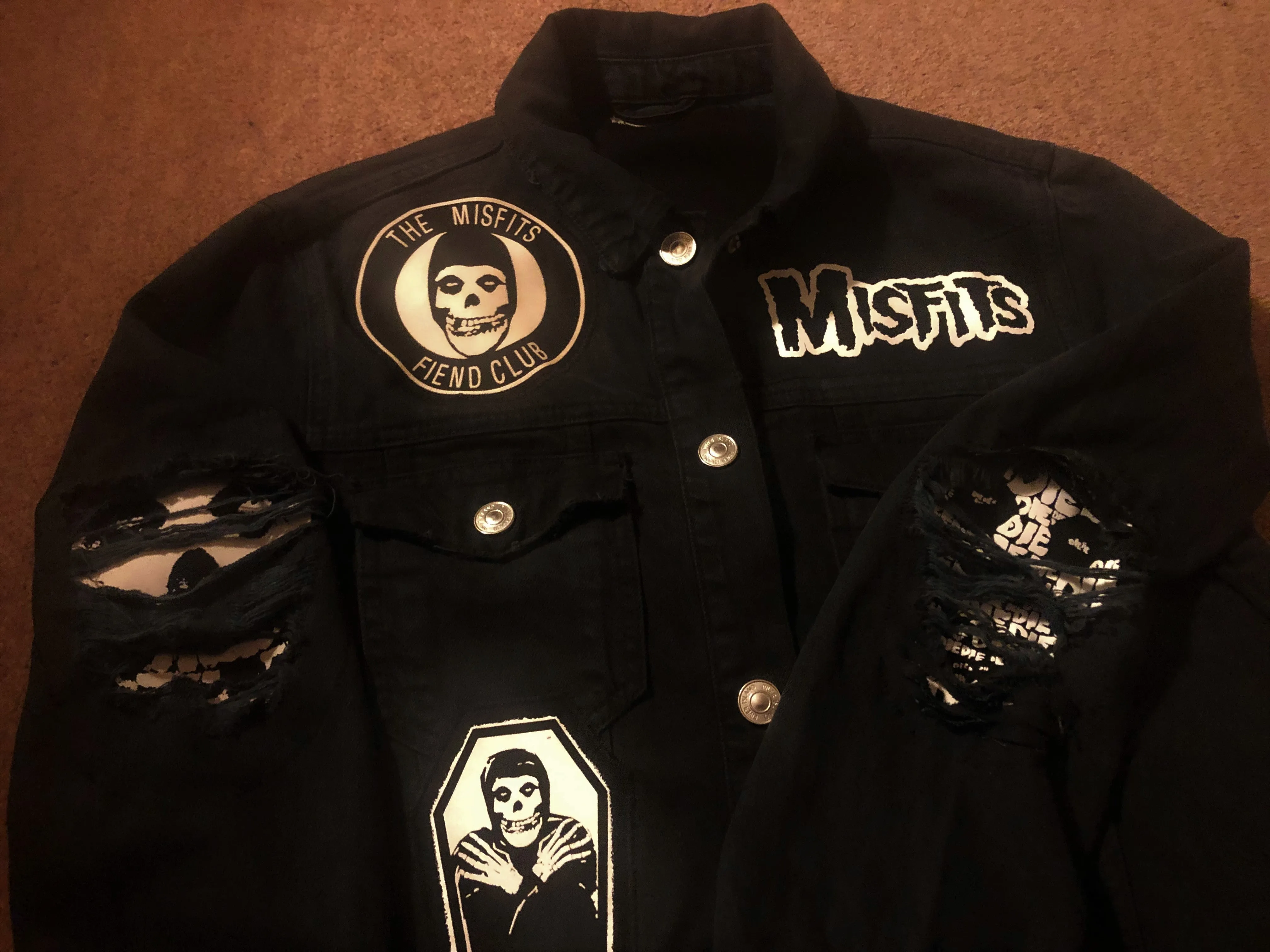 Misfits Fiend Club Distressed Slashed Denim Jacket Crimson Ghost Horror Punk