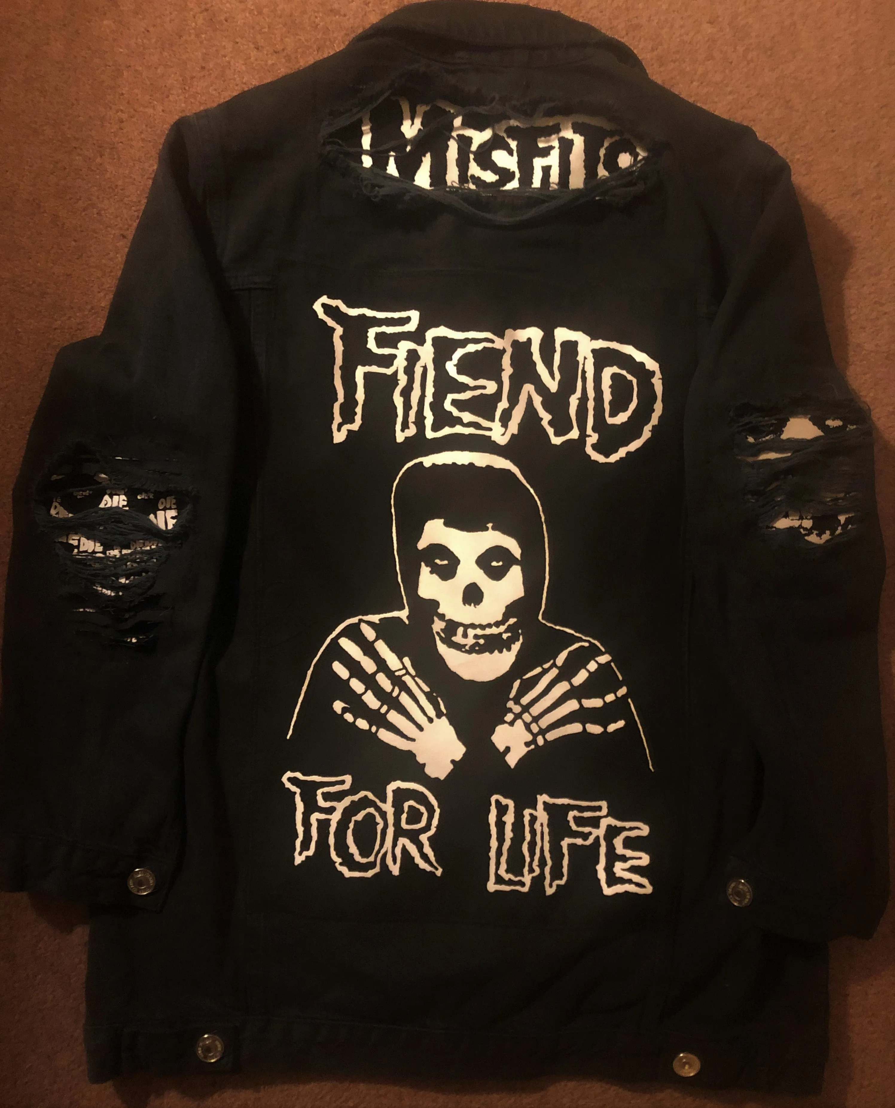 Misfits Fiend Club Distressed Slashed Denim Jacket Crimson Ghost Horror Punk