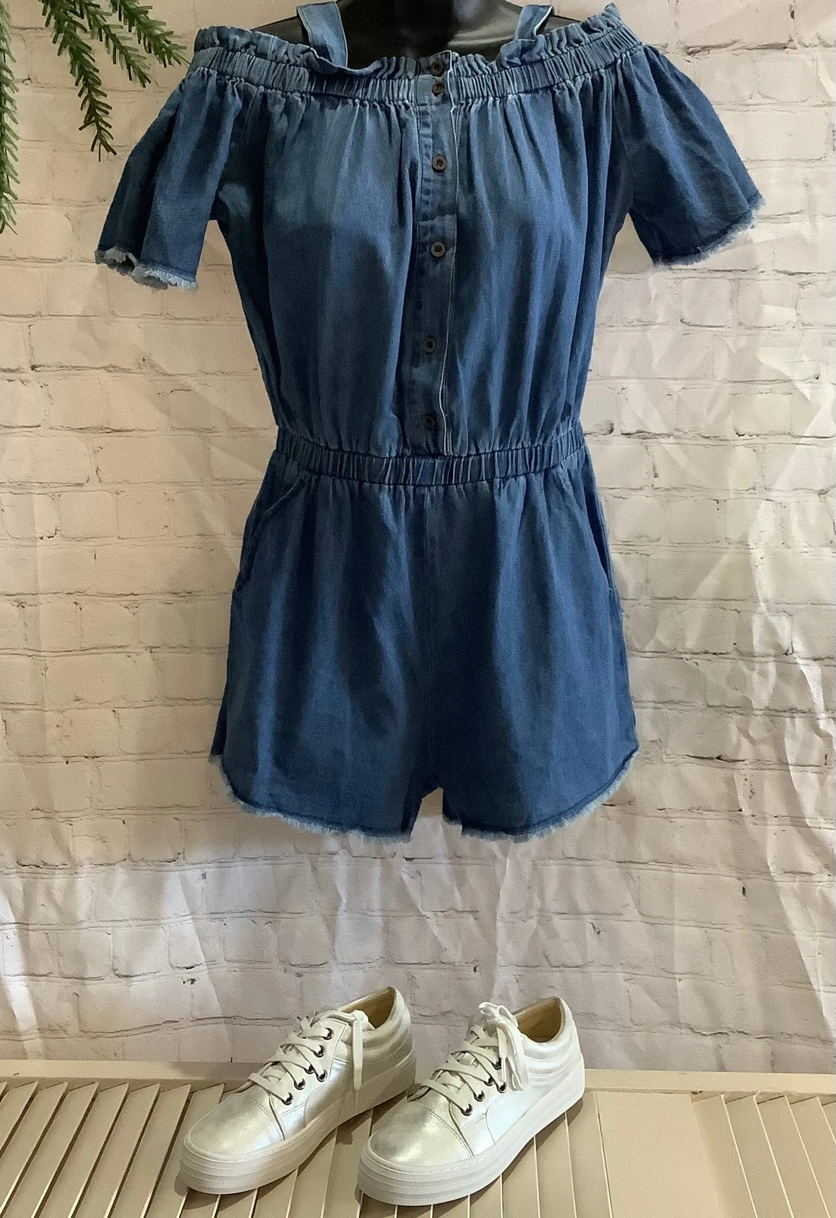 Off Shoulder Denim Romper | Easel