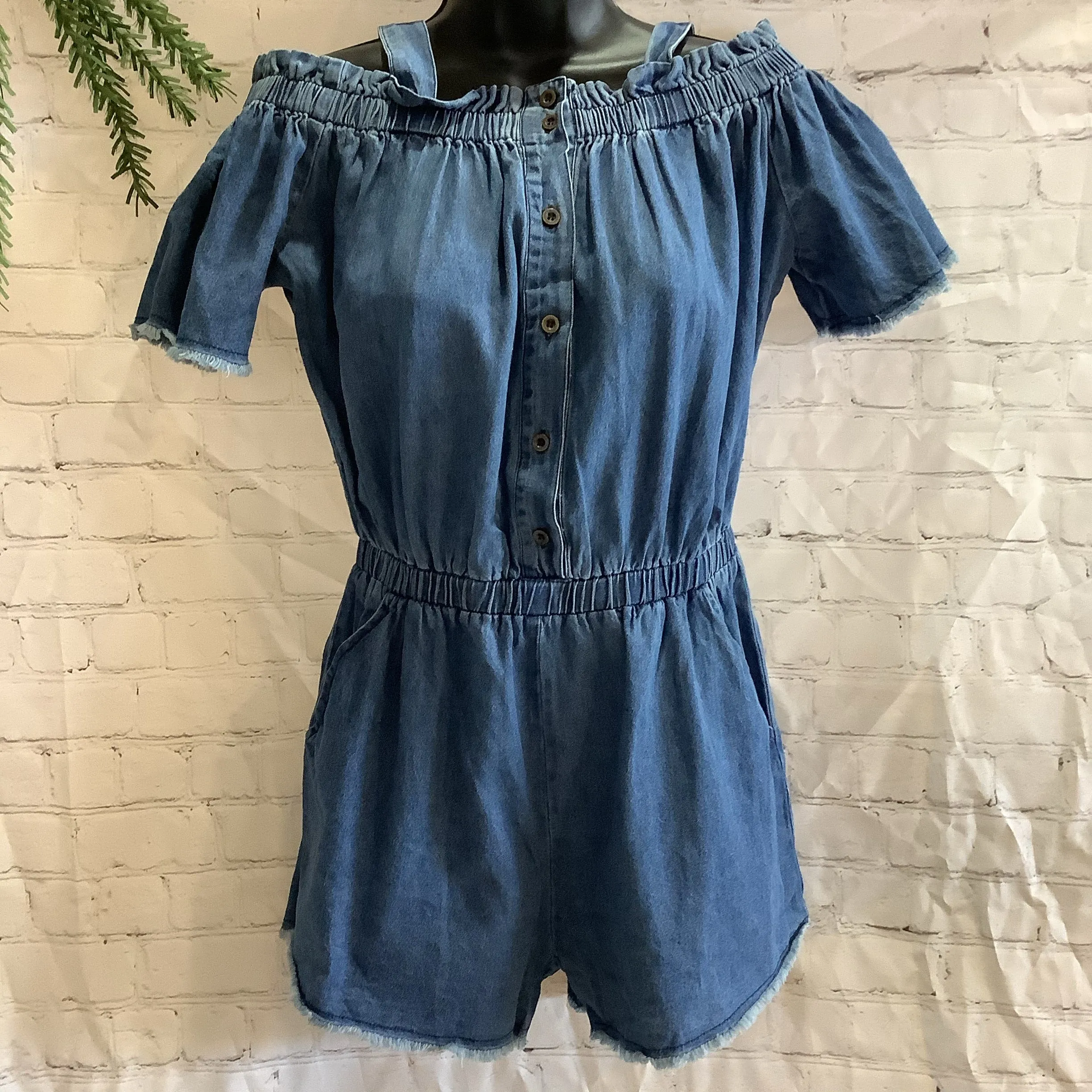 Off Shoulder Denim Romper | Easel