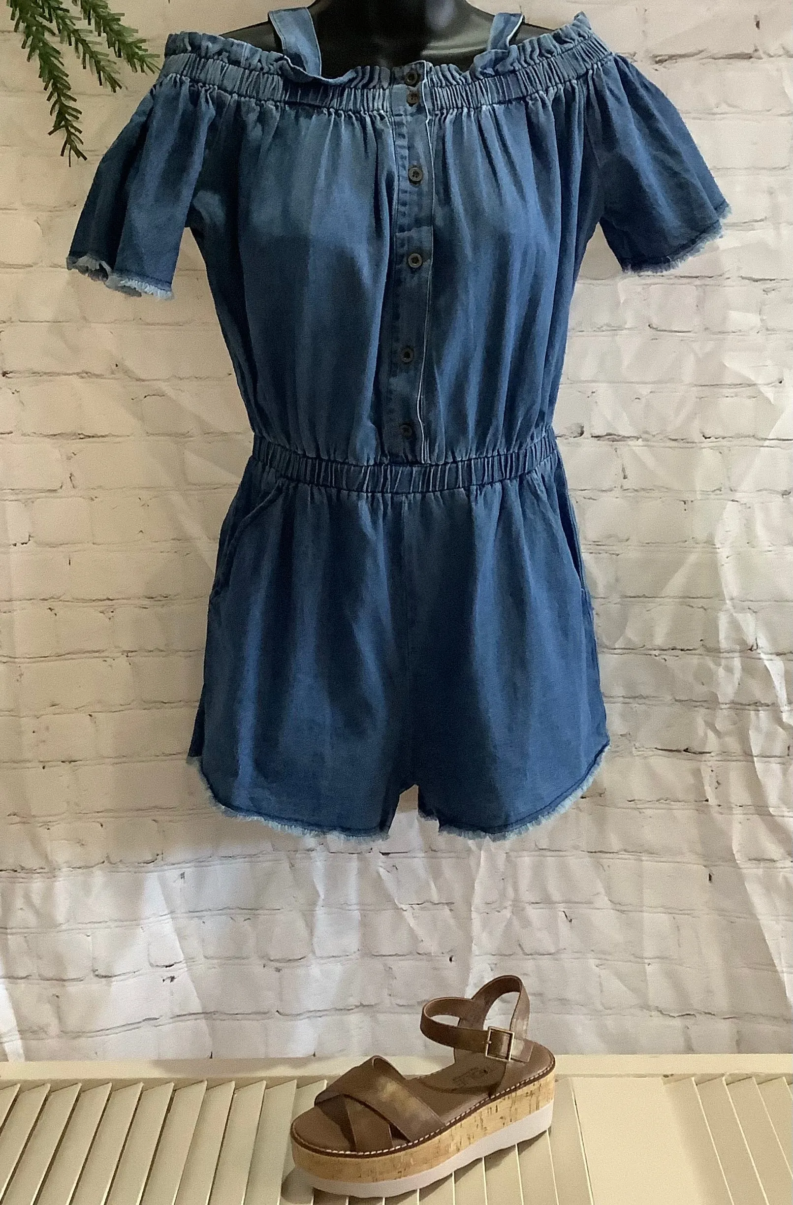 Off Shoulder Denim Romper | Easel