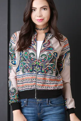 Paisley Boho Print Rib Knit Trim Bomber Jacket