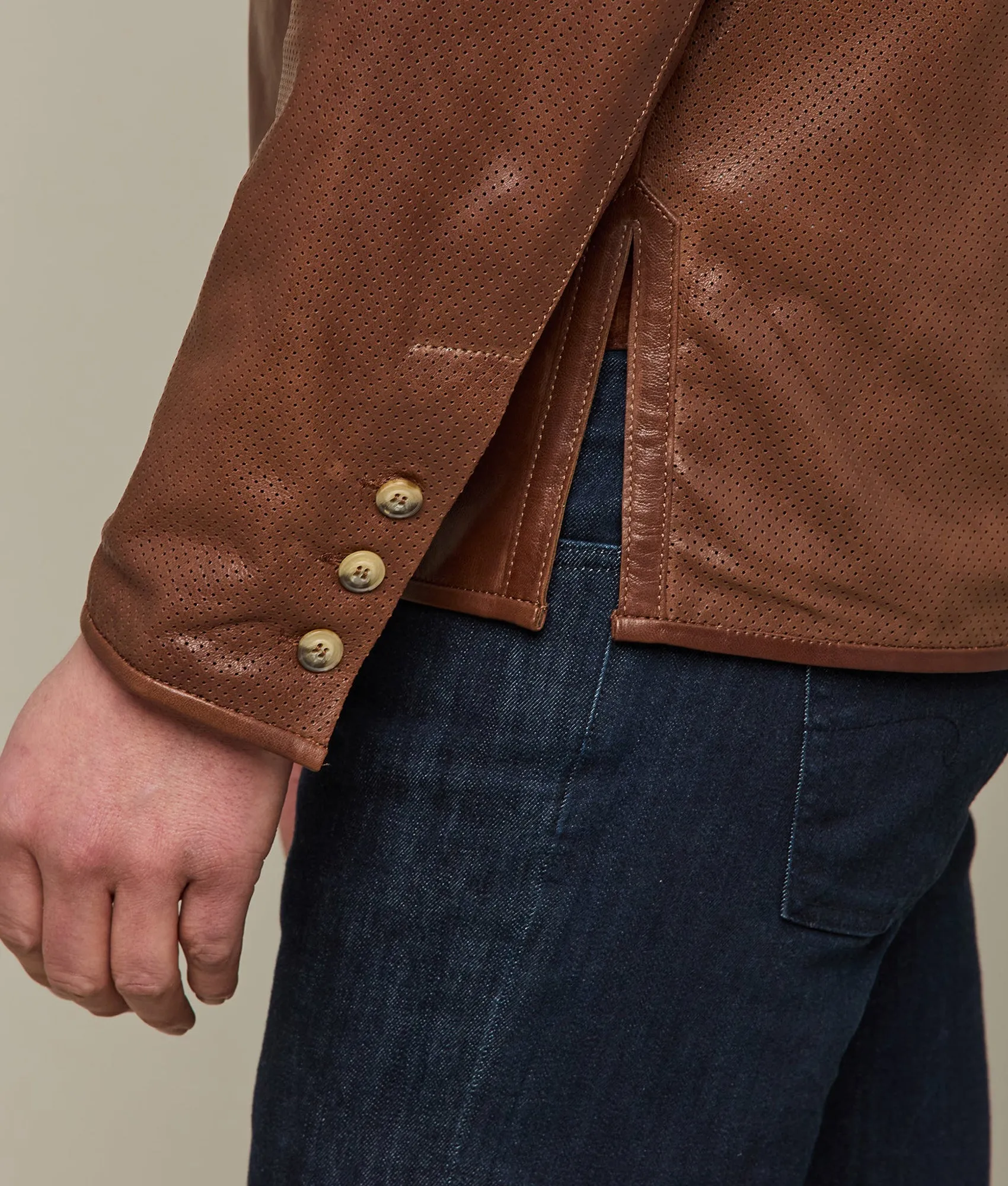 Perforated Lightweight Lambskin Jacket :: Whiskey