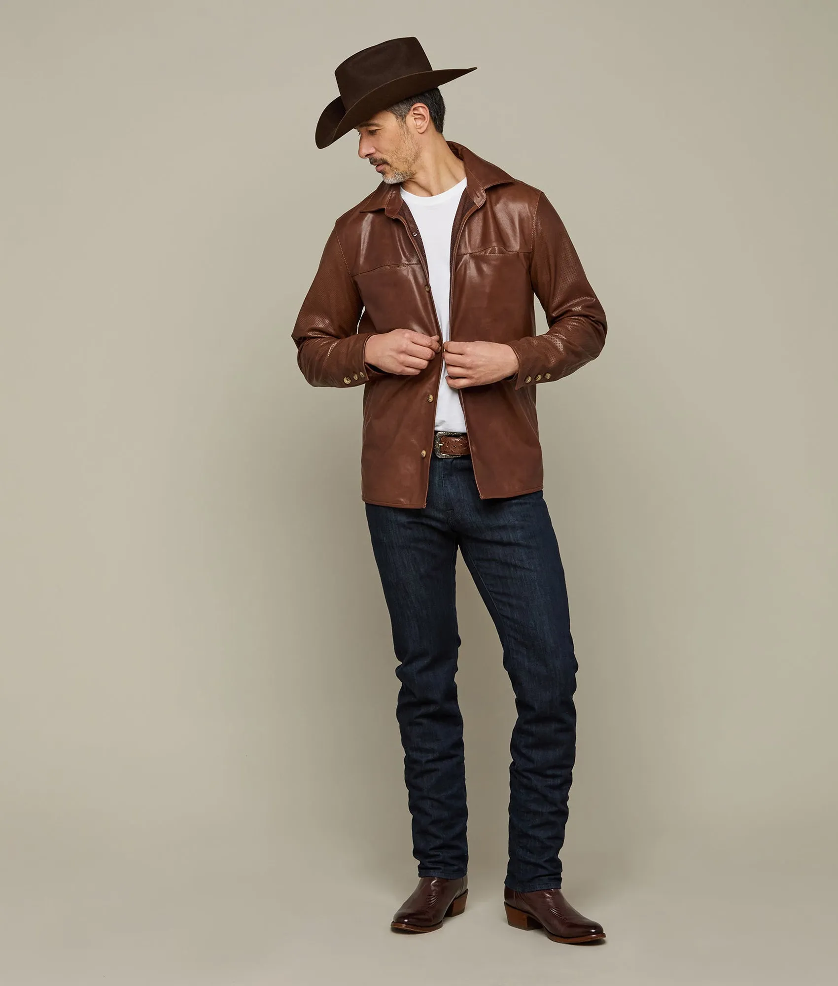 Perforated Lightweight Lambskin Jacket :: Whiskey