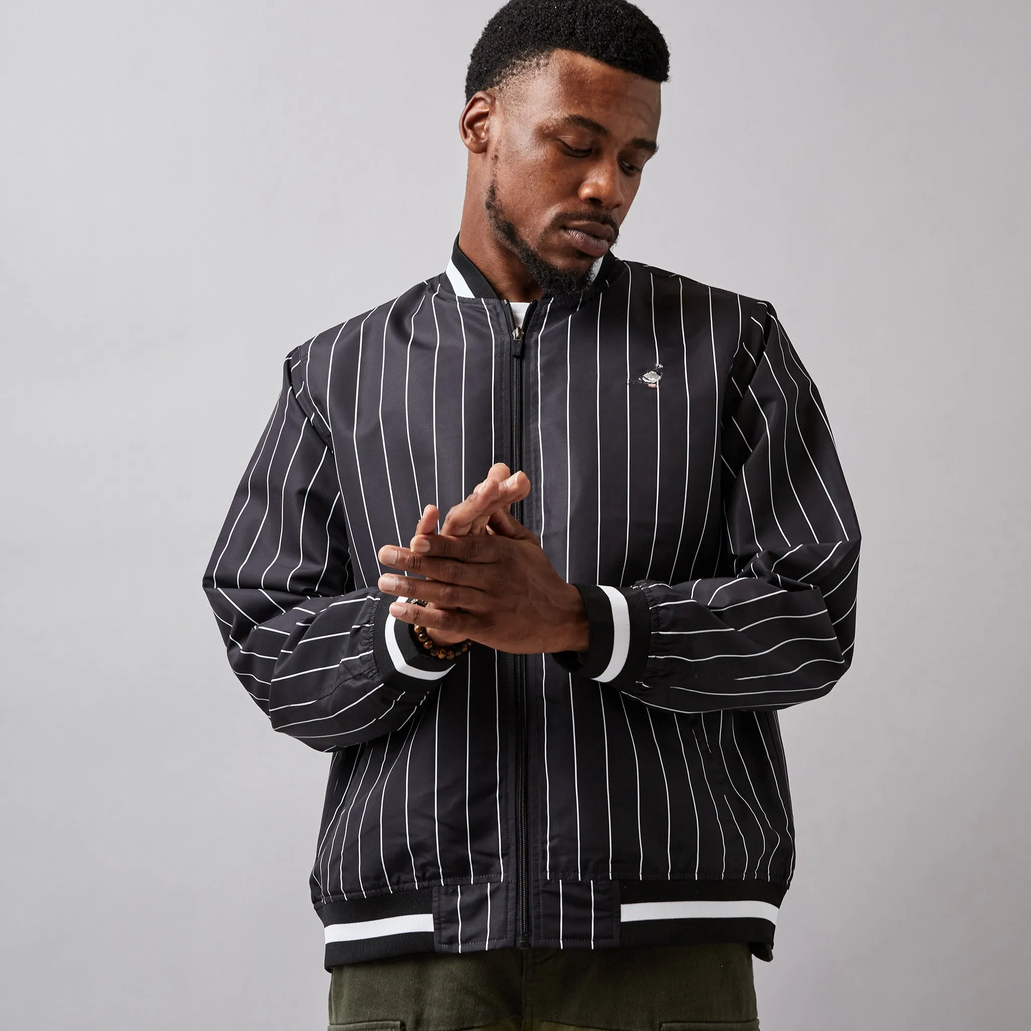 PINSTRIPE BASEBALL JACKET (BLACK)