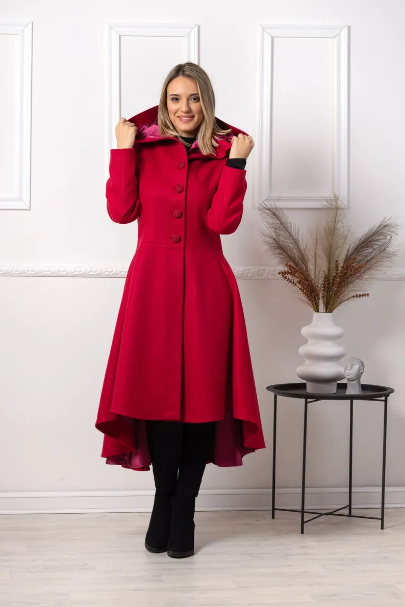 Raspberry Hooded Asymmetric Coat