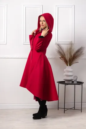 Raspberry Hooded Asymmetric Coat