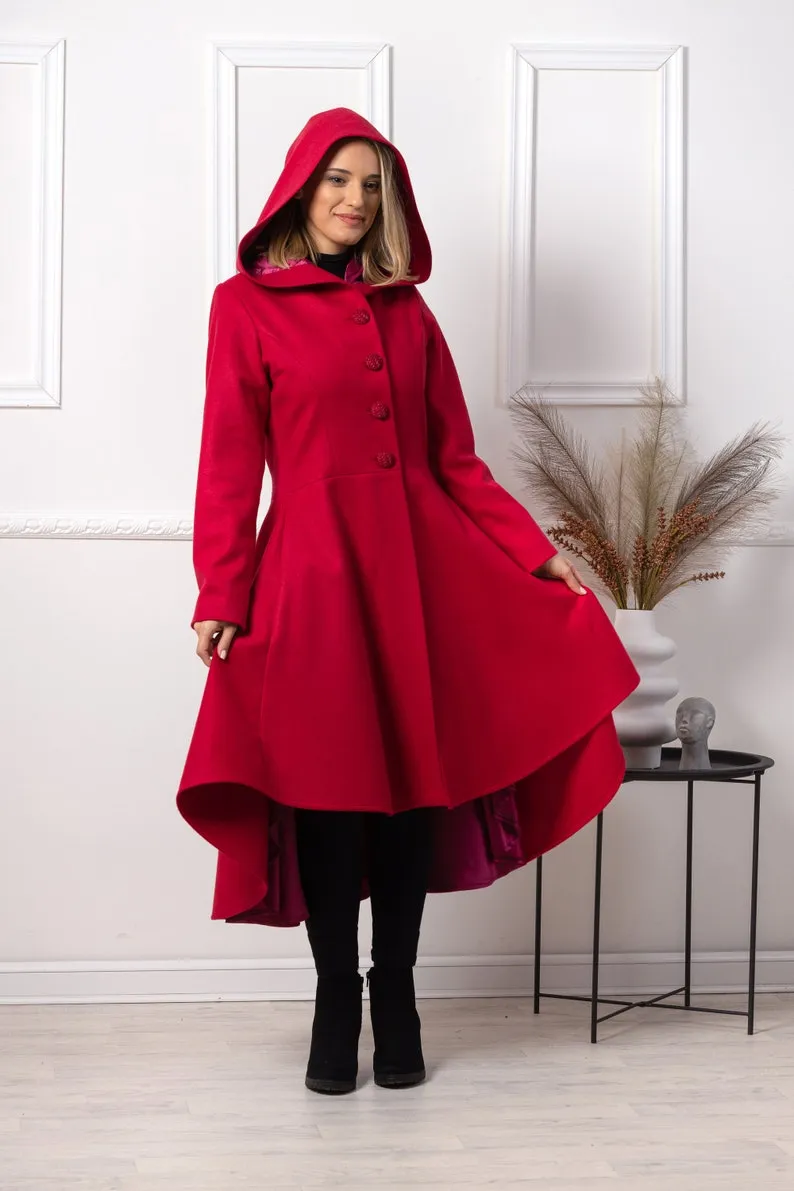 Raspberry Hooded Asymmetric Coat