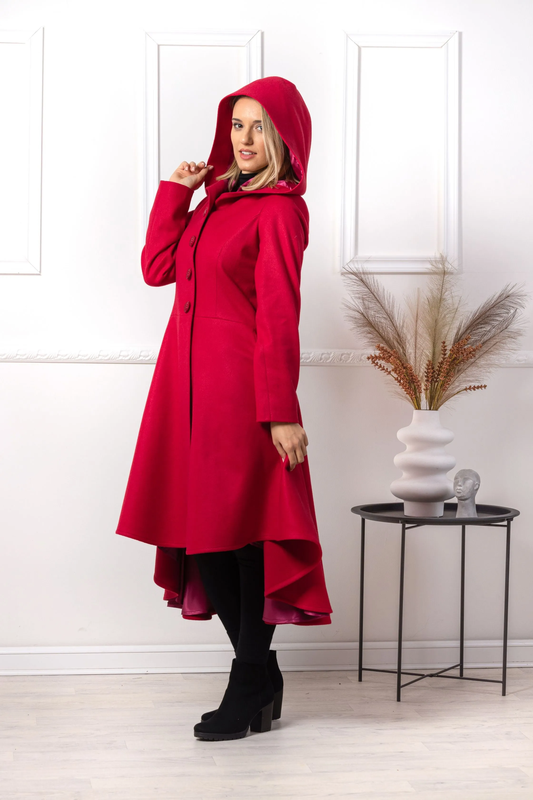 Raspberry Hooded Asymmetric Coat