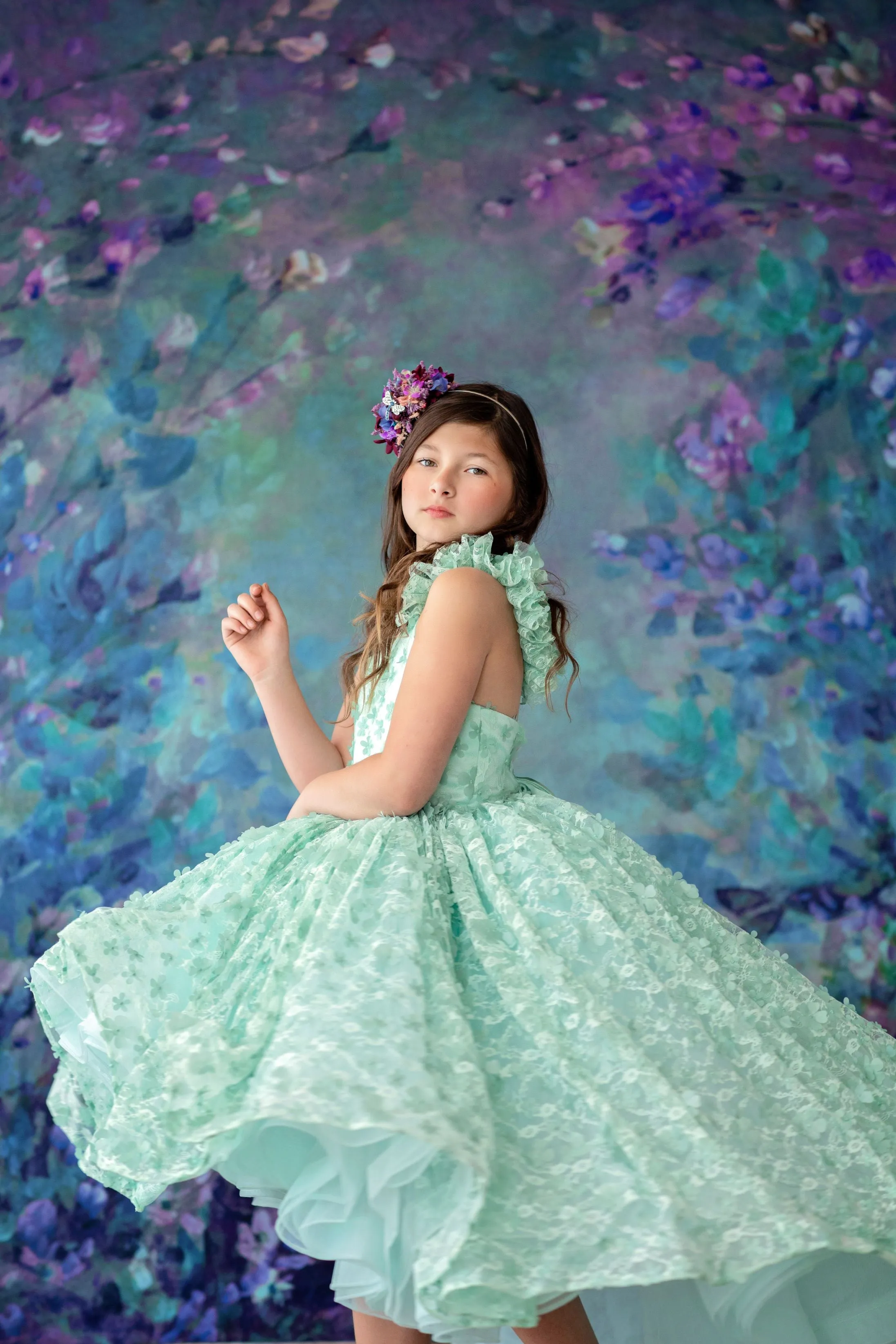 RETIRED RENTAL EUC /NEWER CONDITION "Fluttering Mint" -  high low Length Floral Gown ( 6 Year - Petite 8 Year)