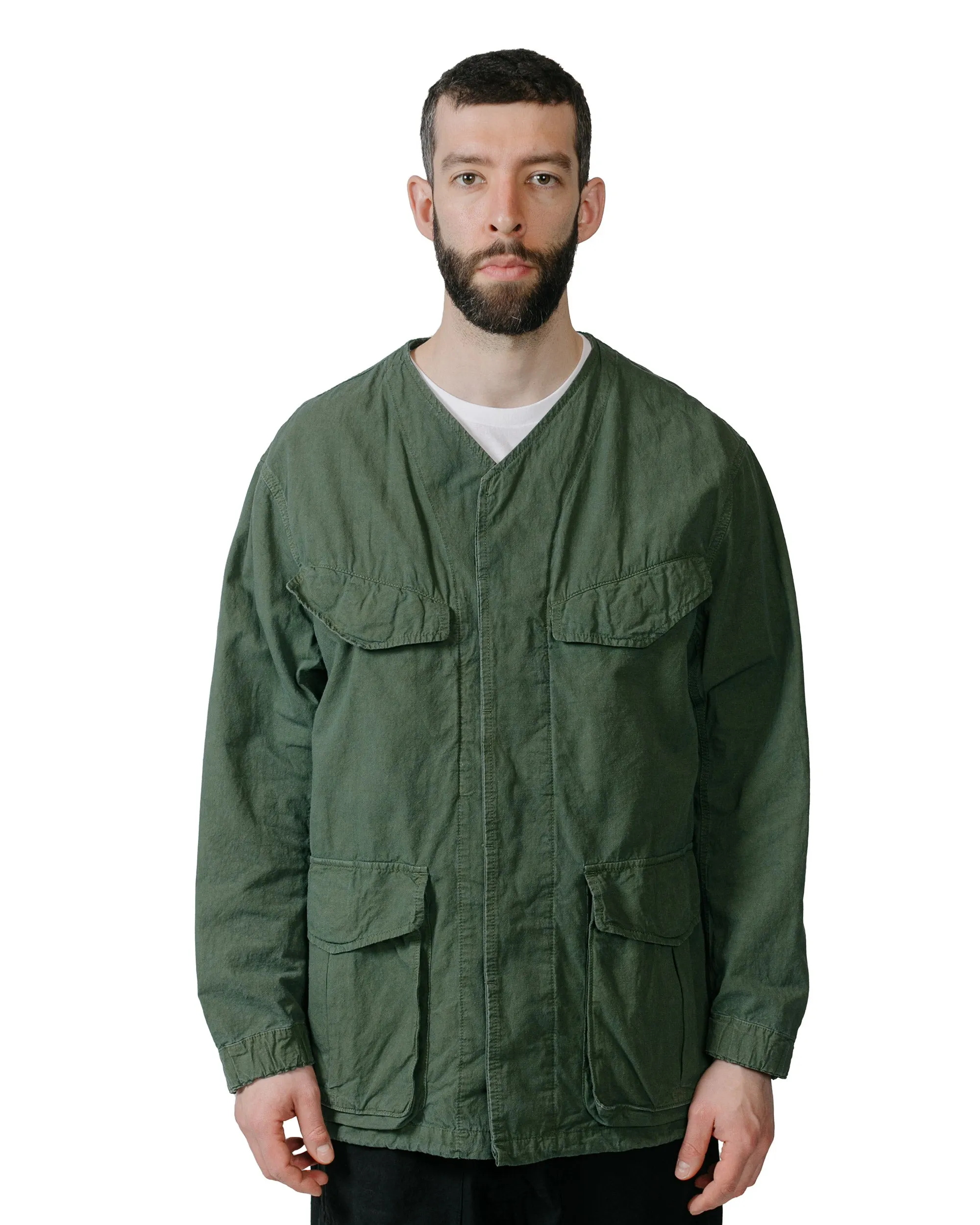 Sage de Cret High Density Cotton Hemp Collarless Fatigue Jacket Olive