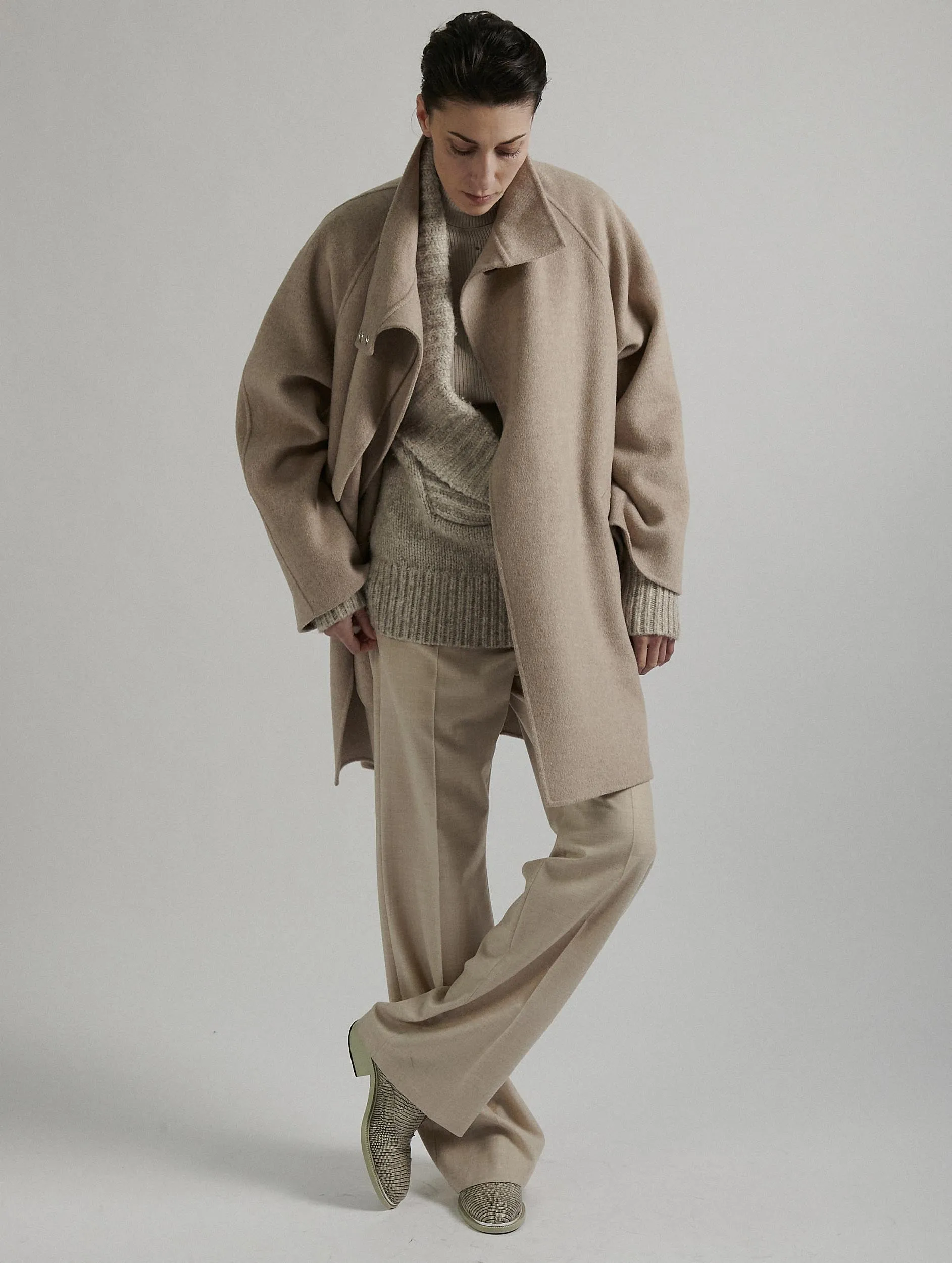 Sand double-faced wool high-collar coat