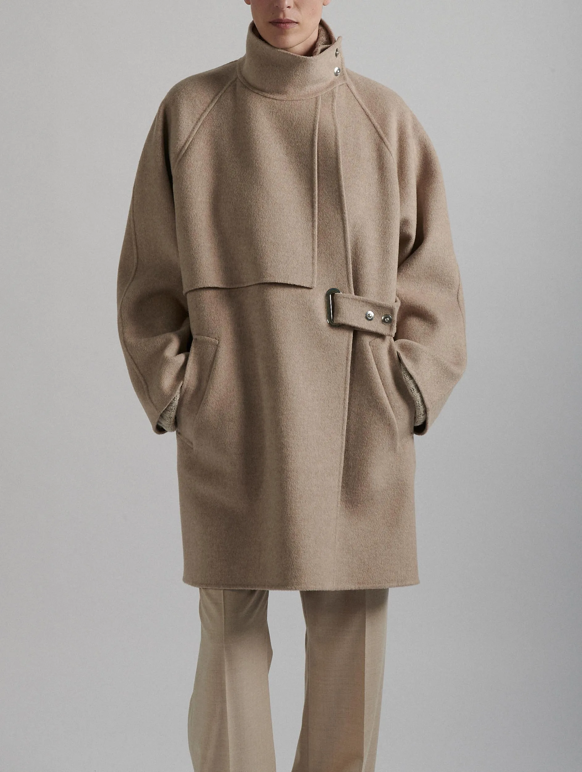 Sand double-faced wool high-collar coat