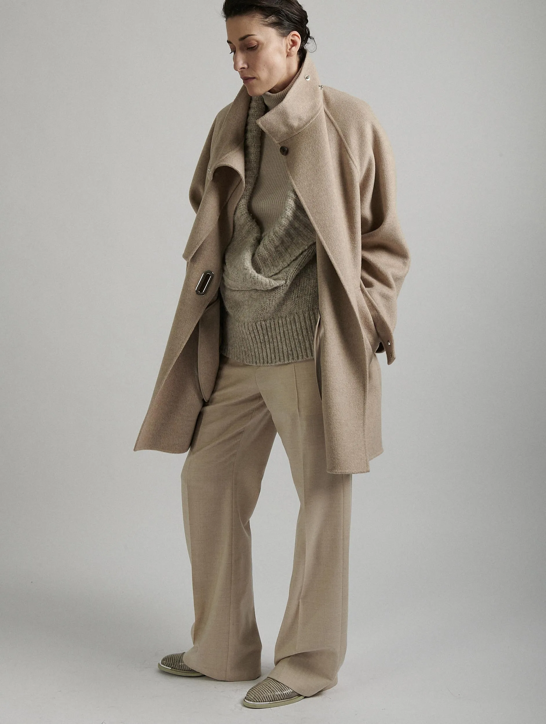 Sand double-faced wool high-collar coat