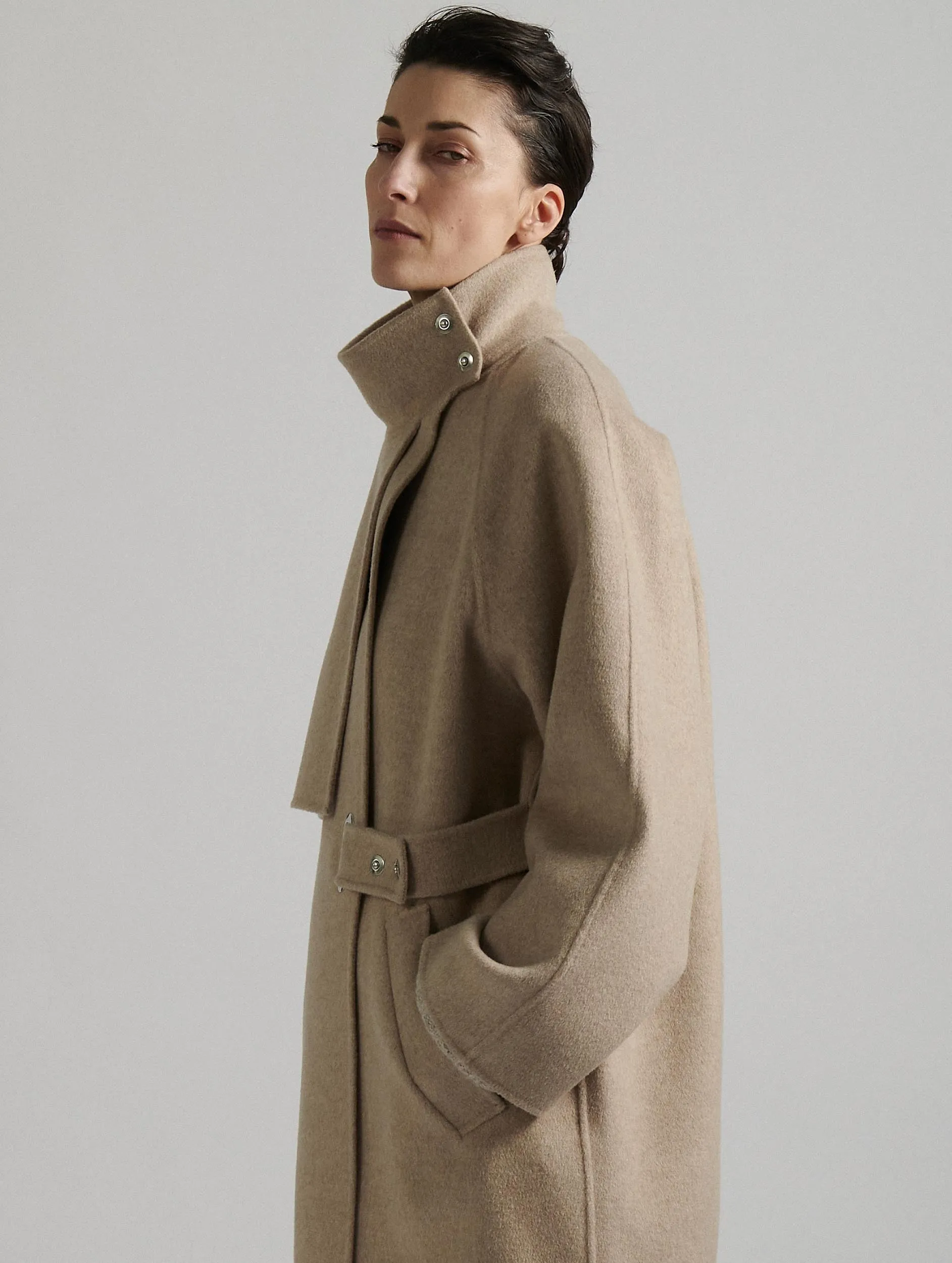 Sand double-faced wool high-collar coat