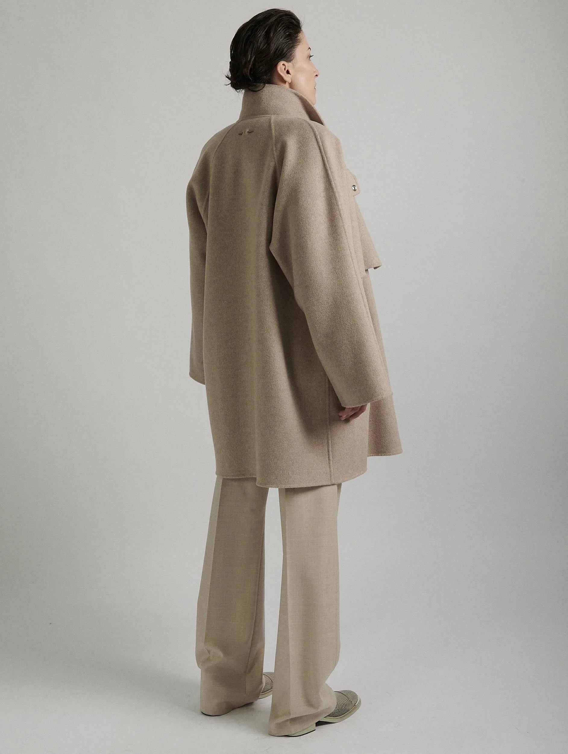 Sand double-faced wool high-collar coat