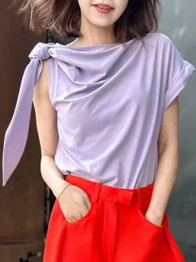 Spring Purple Asymmetric Tie Knot Detail Boat Neck Tee