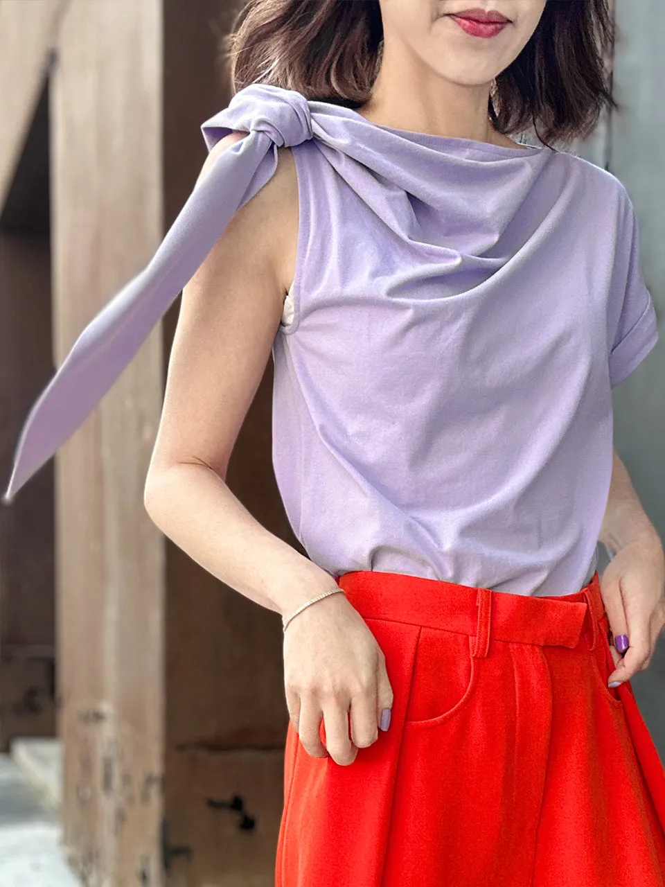 Spring Purple Asymmetric Tie Knot Detail Boat Neck Tee