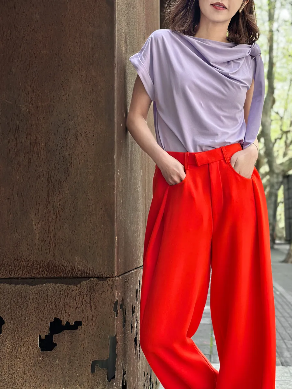 Spring Purple Asymmetric Tie Knot Detail Boat Neck Tee