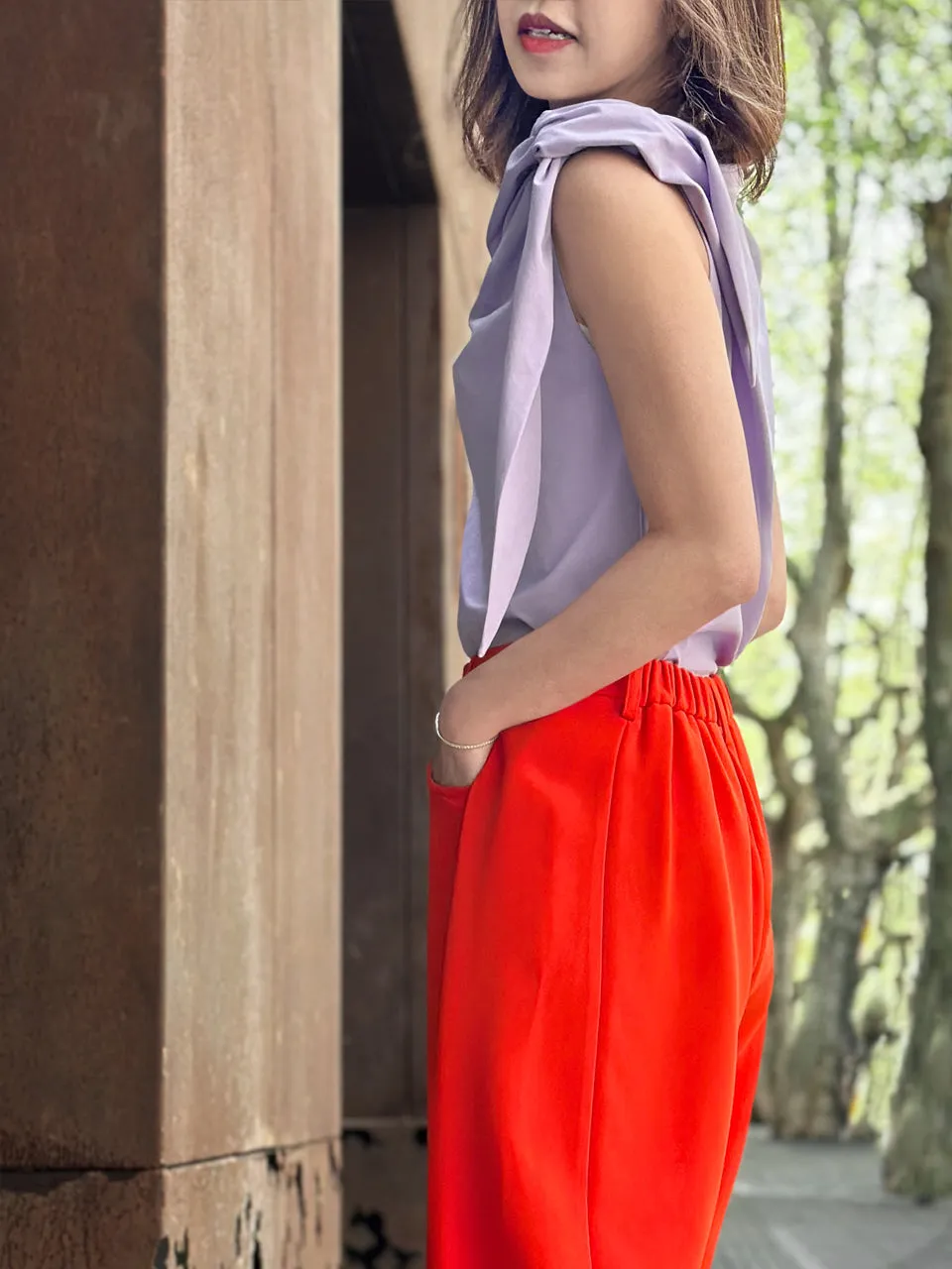 Spring Purple Asymmetric Tie Knot Detail Boat Neck Tee