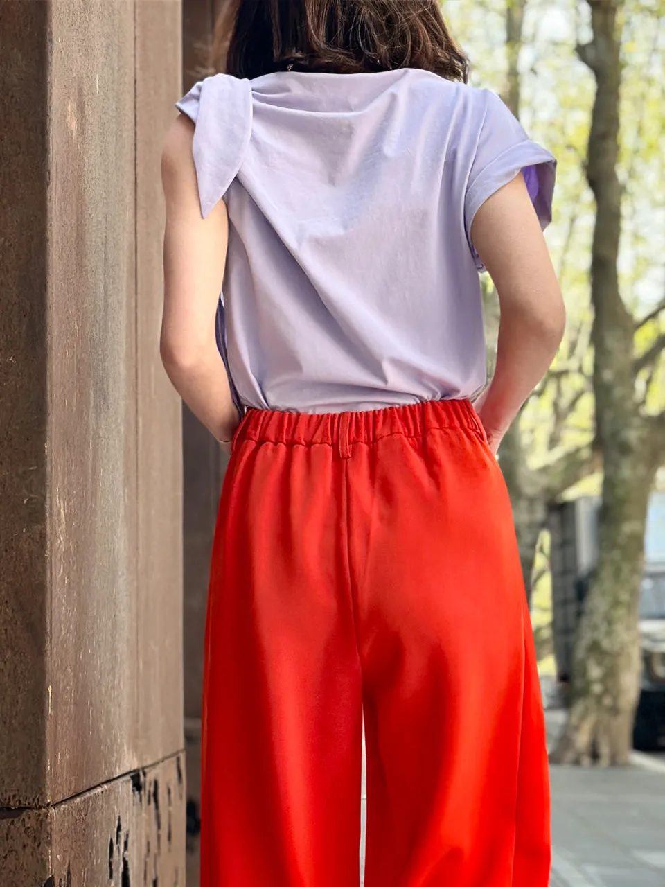 Spring Purple Asymmetric Tie Knot Detail Boat Neck Tee