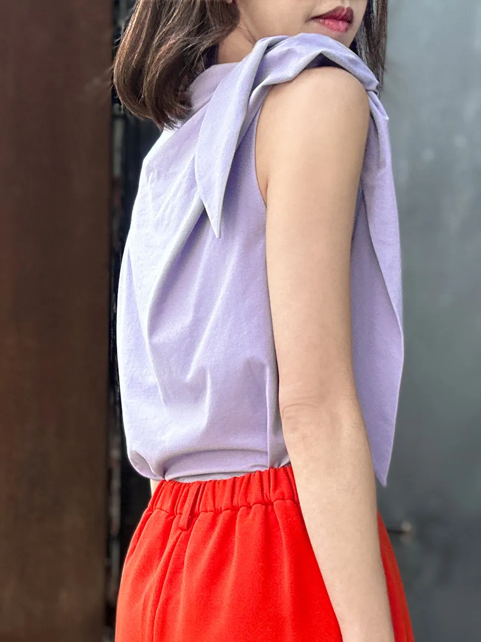 Spring Purple Asymmetric Tie Knot Detail Boat Neck Tee