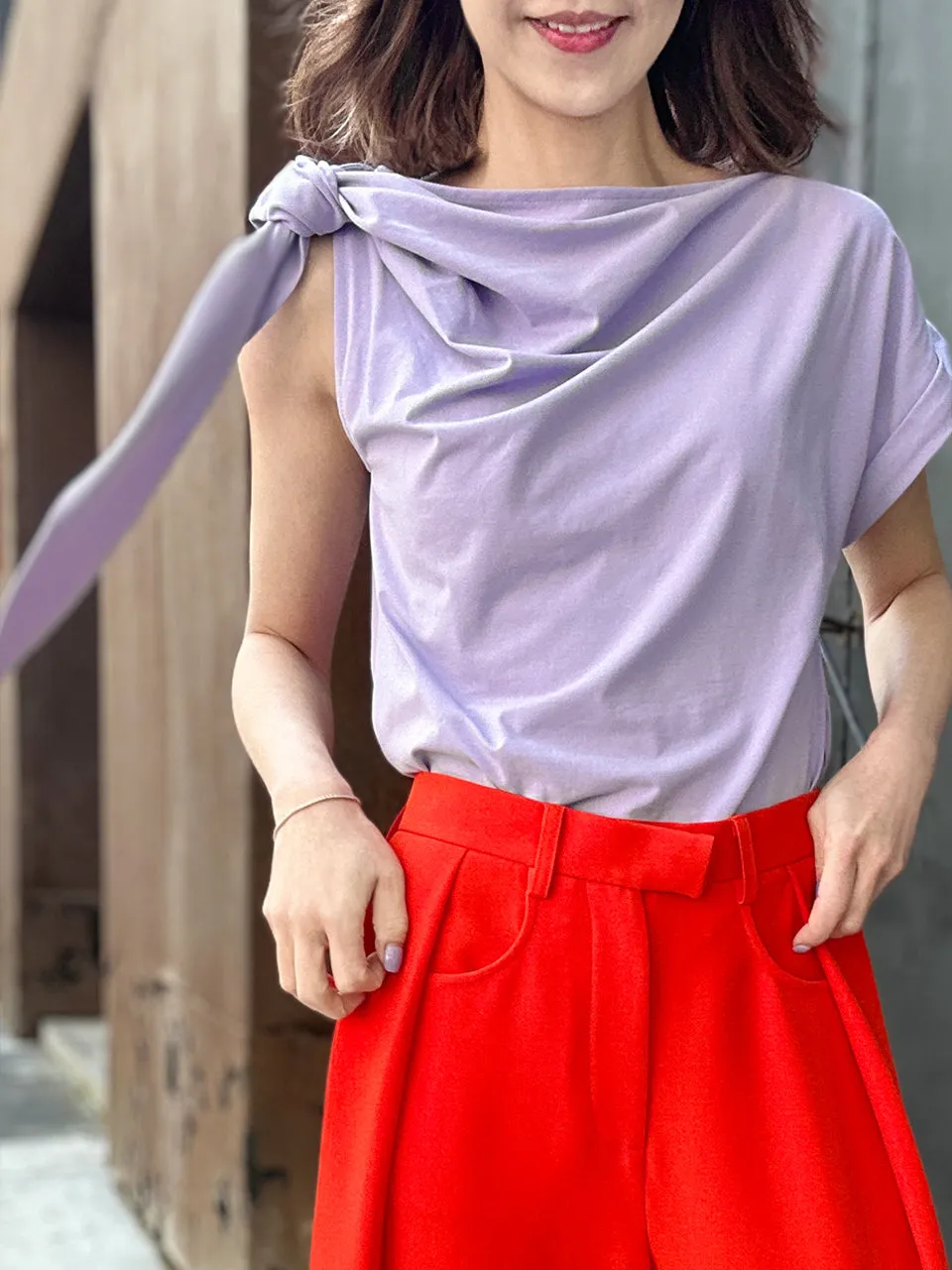 Spring Purple Asymmetric Tie Knot Detail Boat Neck Tee