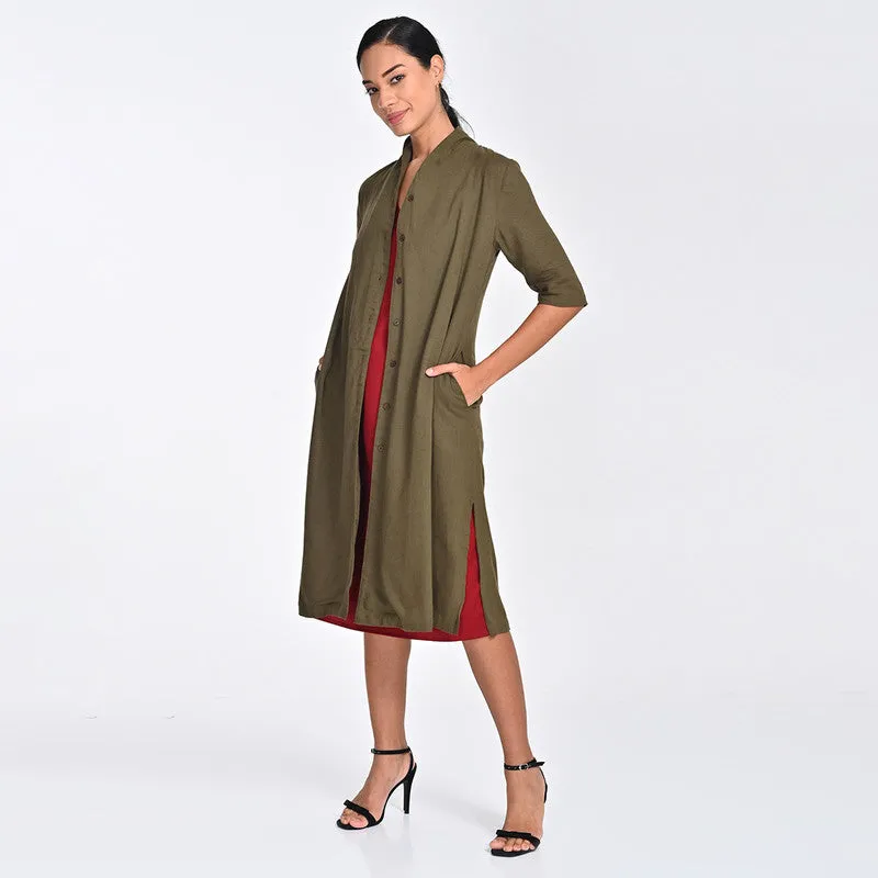 Tencel Co Ord Set For Women | Shirt & Dress | Draped Neck | Maroon & Olive