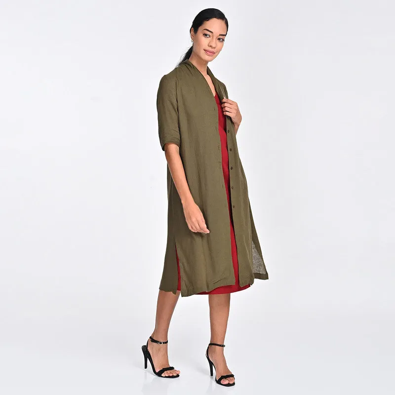 Tencel Co Ord Set For Women | Shirt & Dress | Draped Neck | Maroon & Olive