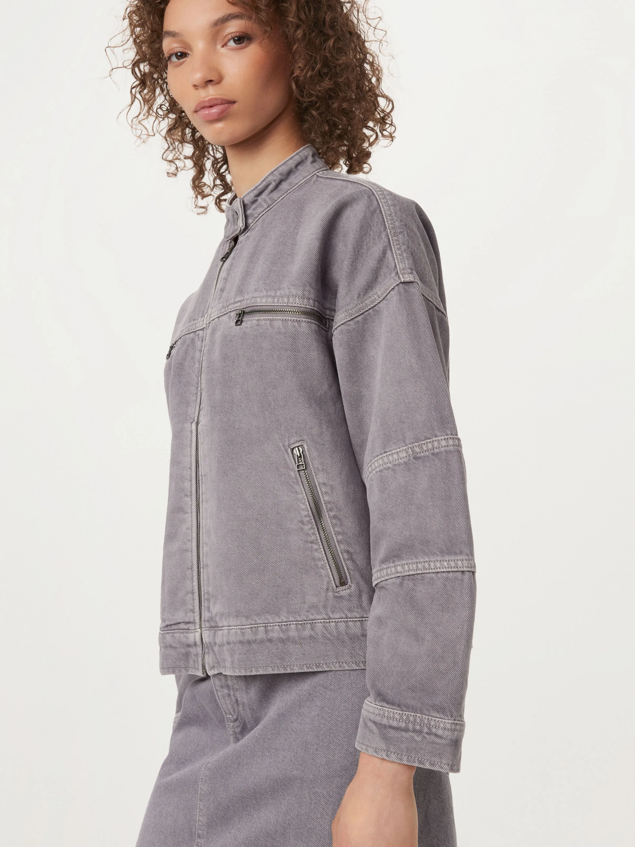 The Biker Denim Jacket in Light Grey