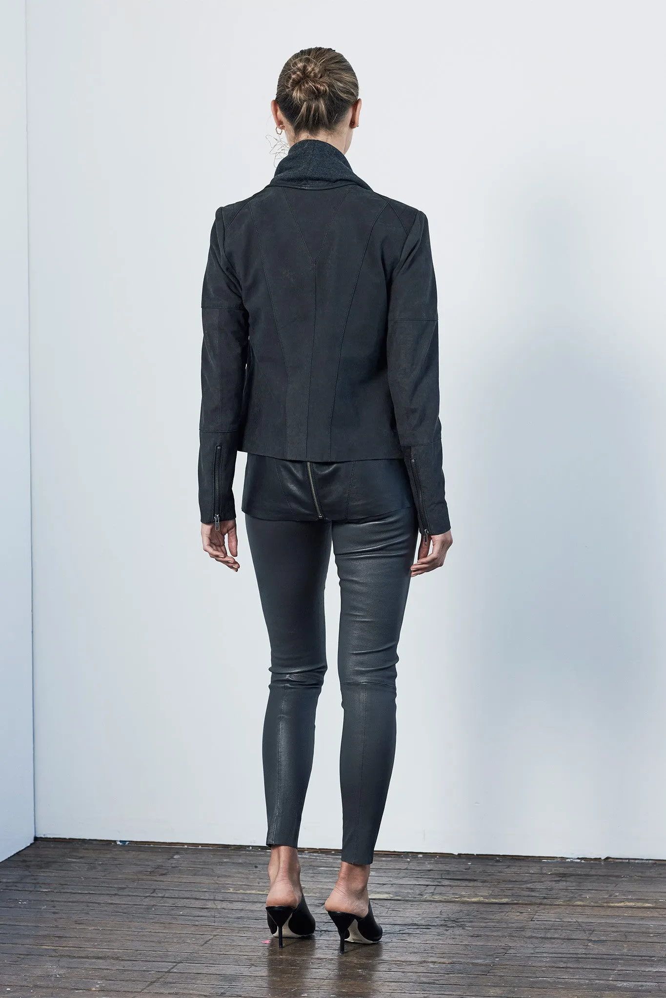 The Woollahra Drape Jacket Charcoal Knit & Black Leather - SAMPLE