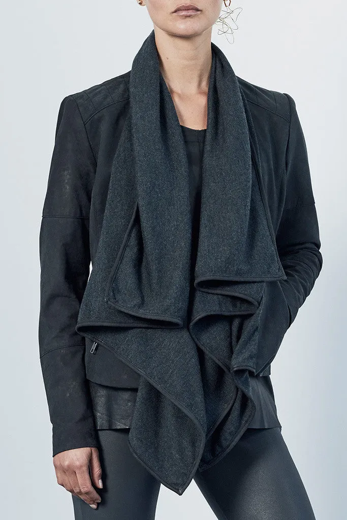 The Woollahra Drape Jacket Charcoal Knit & Black Leather - SAMPLE