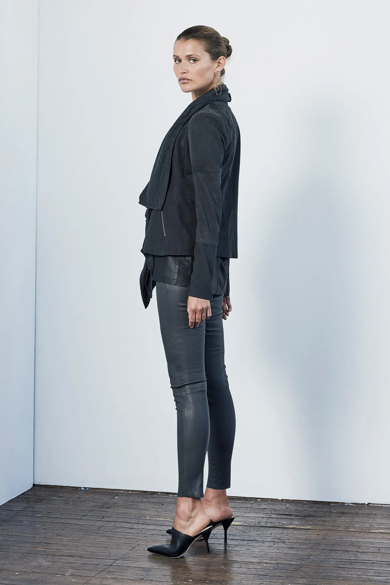 The Woollahra Drape Jacket Charcoal Knit & Black Leather - SAMPLE