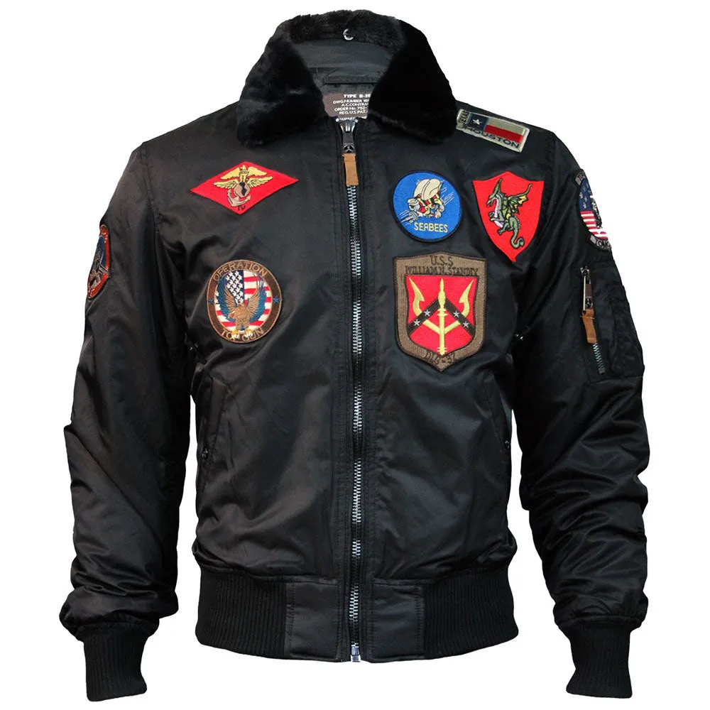 Top Gun Official B 15 Mens Flight Bomber Jacket with Patches