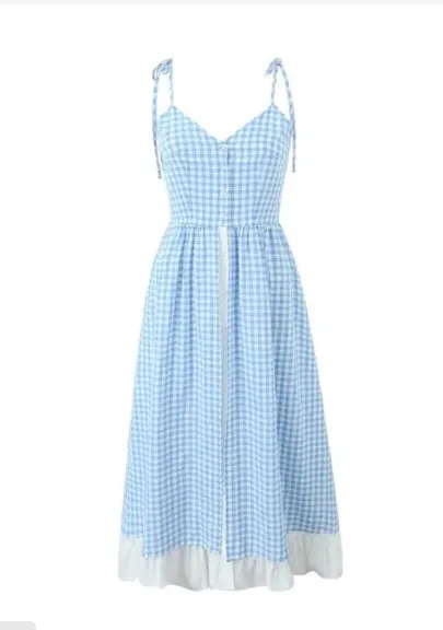 🌸Up to 50% off🔥 FRENCH STYLE RUFFLE SWEETHEART GINGHAM CAMI BEACH VACATION MIDI SUNDRESS