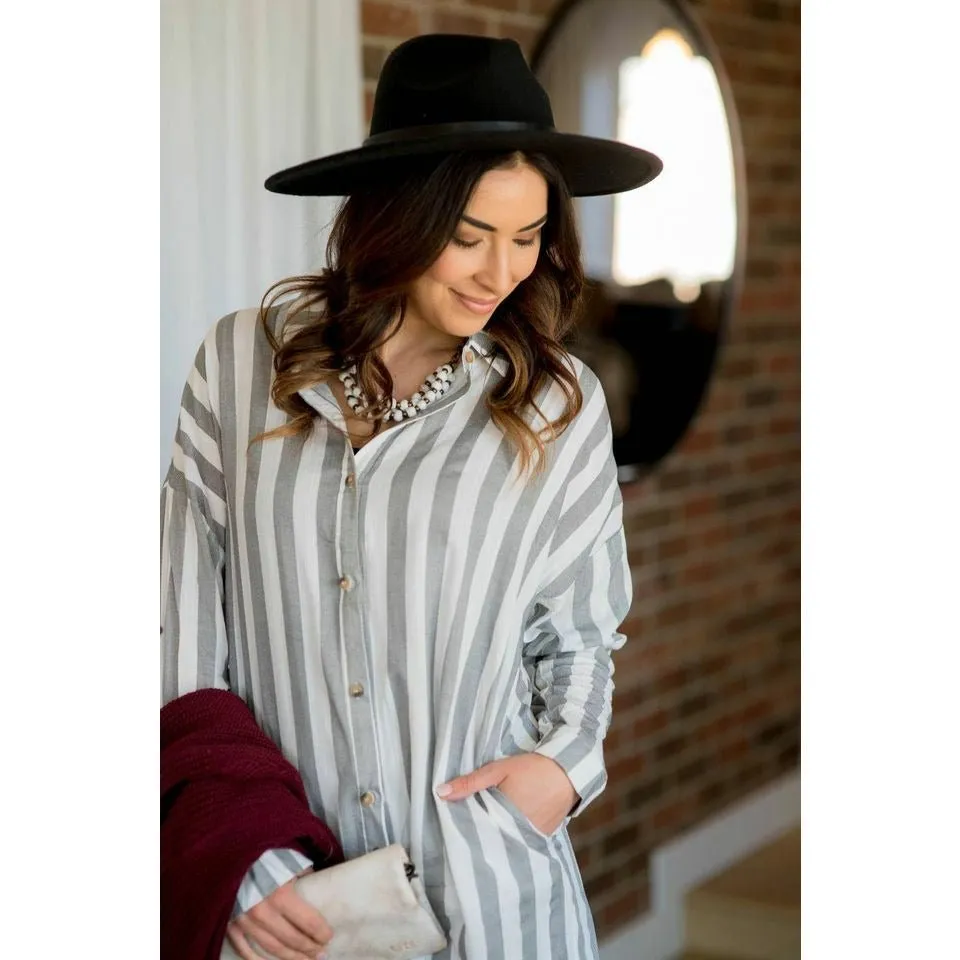 Vertical Striped Button Up Dress - Grey