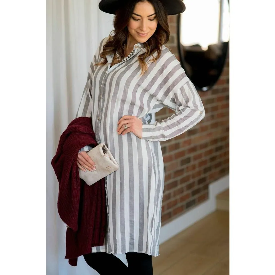 Vertical Striped Button Up Dress - Grey