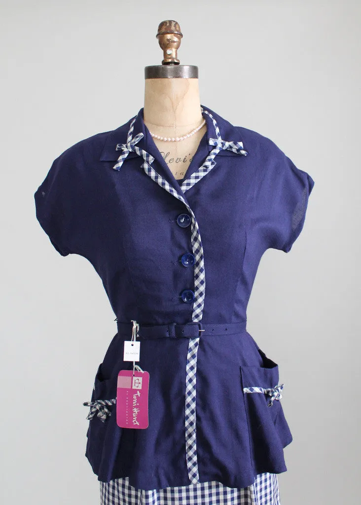 Vintage 1950s Navy and White Gingham Sundress and Peplum Jacket