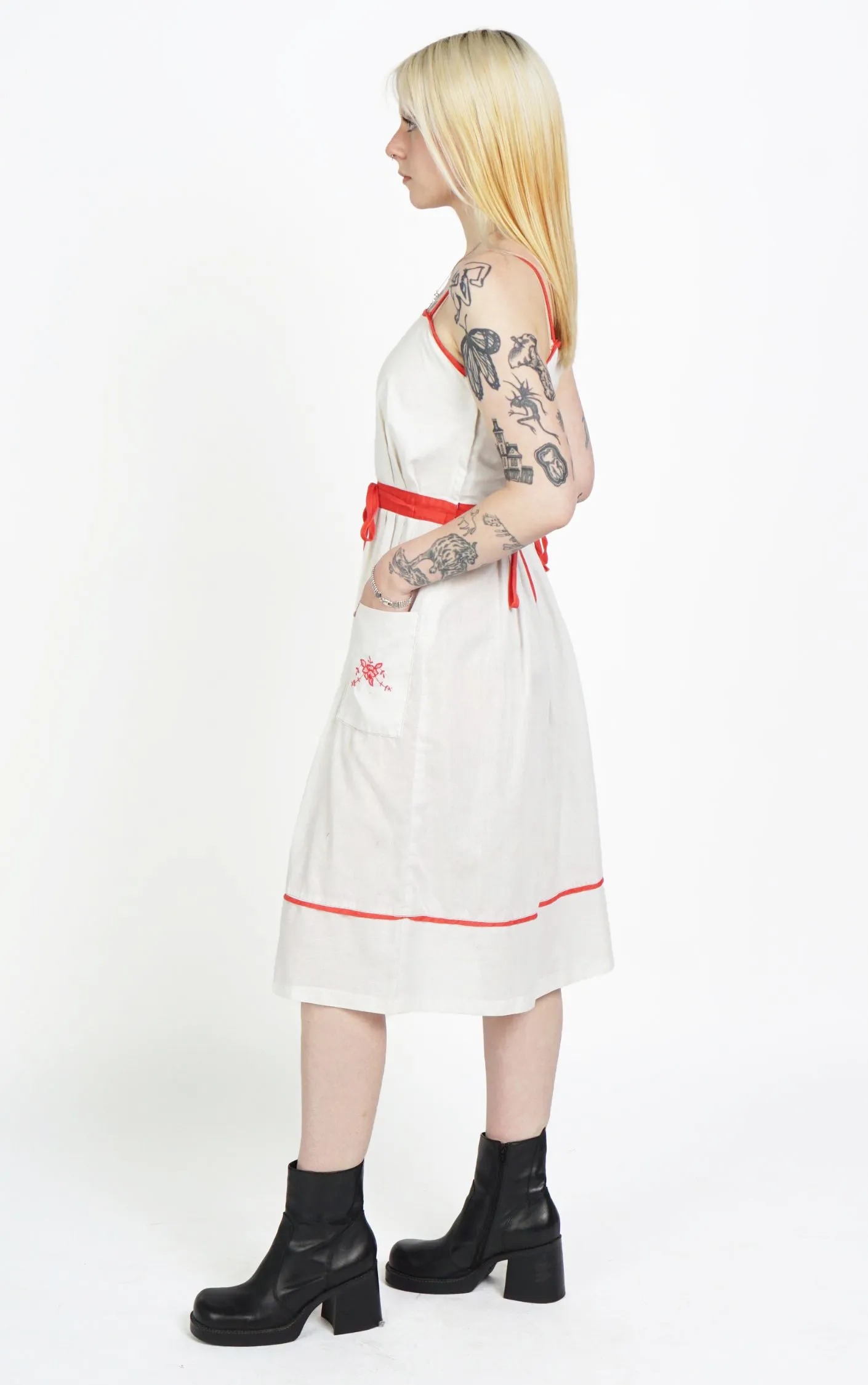 VINTAGE 80s White Embroidered Pockets Cami Straps Dress