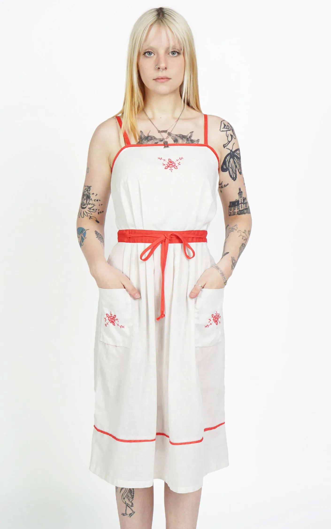 VINTAGE 80s White Embroidered Pockets Cami Straps Dress