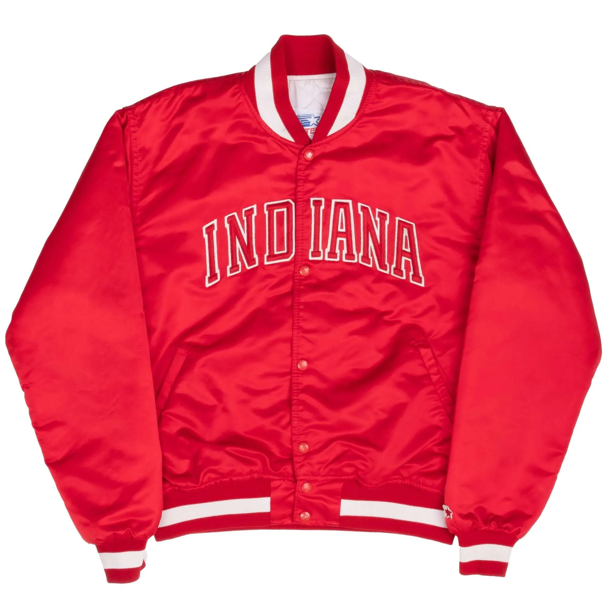 VINTAGE INDIANA RED SATIN BOMBER STARTER JACKET 1980S LARGE MADE IN USA