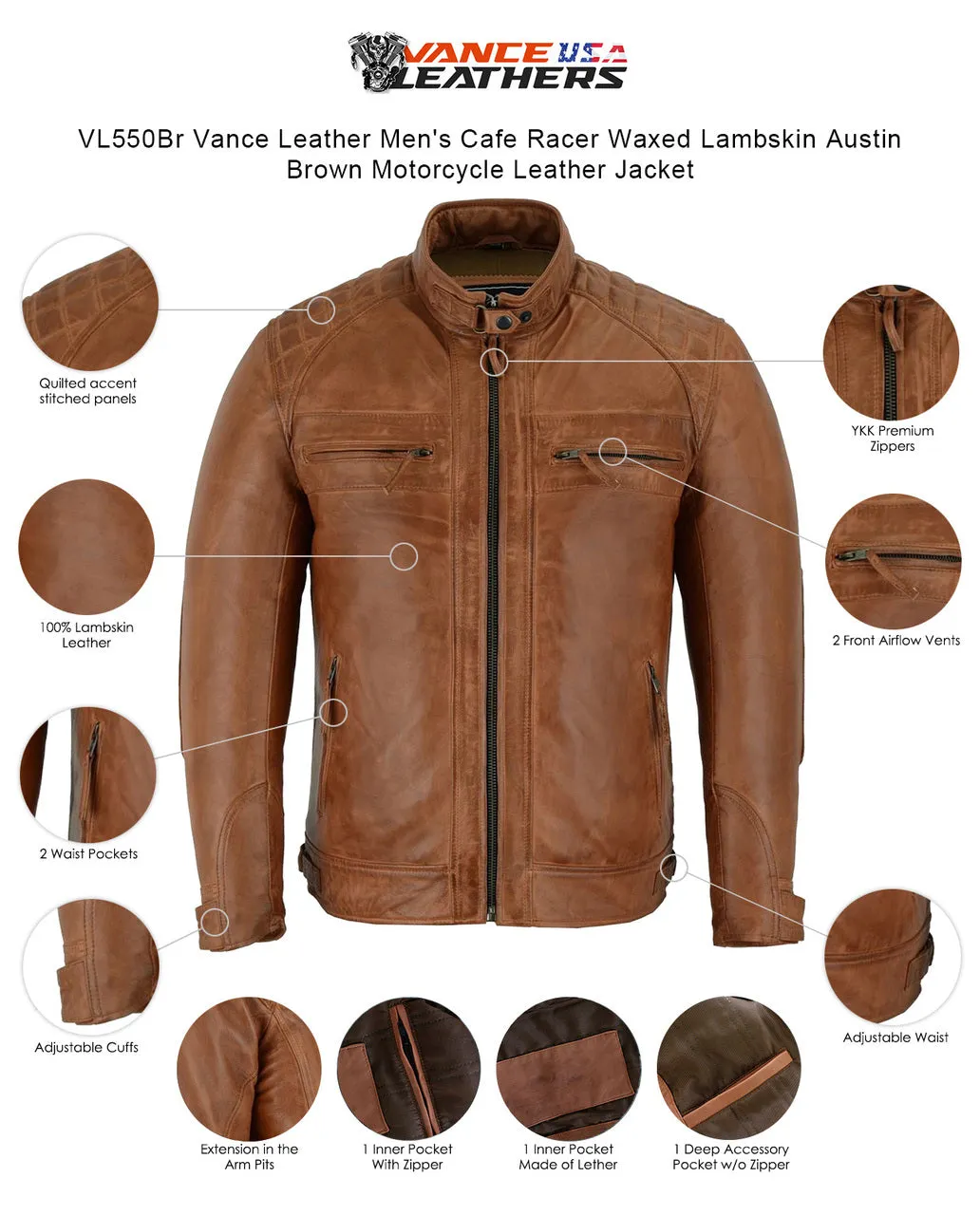 VL550Br Vance Leathers' Men's Cafe Racer Waxed Lambskin Austin Brown Motorcycle Leather Jacket