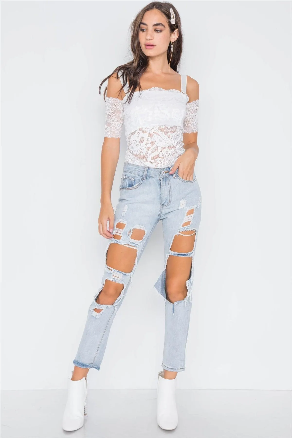 White Cami Off-The-Shoulder Floral Lace Bodysuit