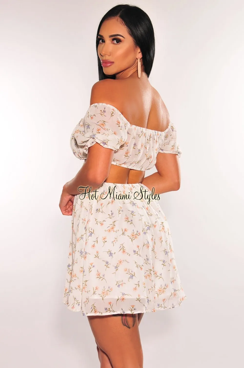 White Floral Print Off Shoulder Short Sleeve Cut Out Babydoll Dress