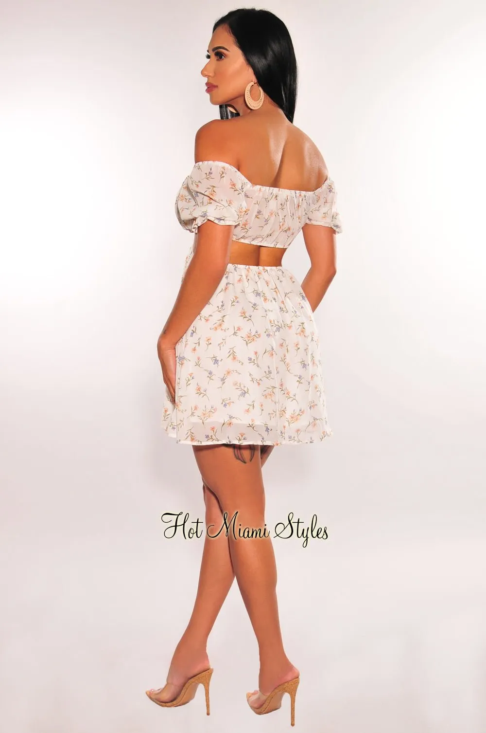 White Floral Print Off Shoulder Short Sleeve Cut Out Babydoll Dress